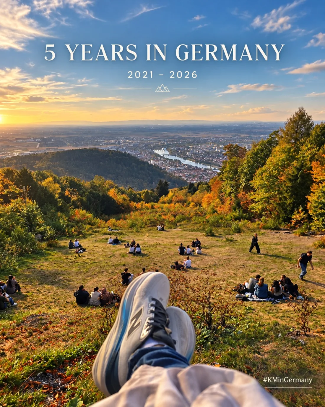 Heidelberg hillside at sunset seen from Kapil's shoes, the cover of his five years in Germany story